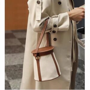 Canvas Leather Trim Bucket Bag Adjustable Shoulder‎ & Crossbody Bag Casual Bag